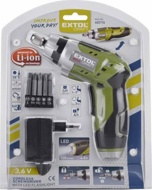 EXTOL CRAFT Akumulátorový skrutkovač, 3,6 V / 1,3 Ah Li-ion, LED svetlo